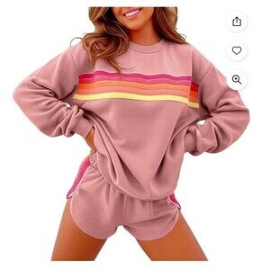 Women's Baby Blue Striped Sweatshirt & Shorts Set, Elastic Waist, Crew Neck